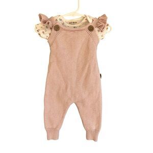 Rabbit Bear Organic Cotton Baby Girl Knitted Overalls Romper Set Size 3-6 Mo